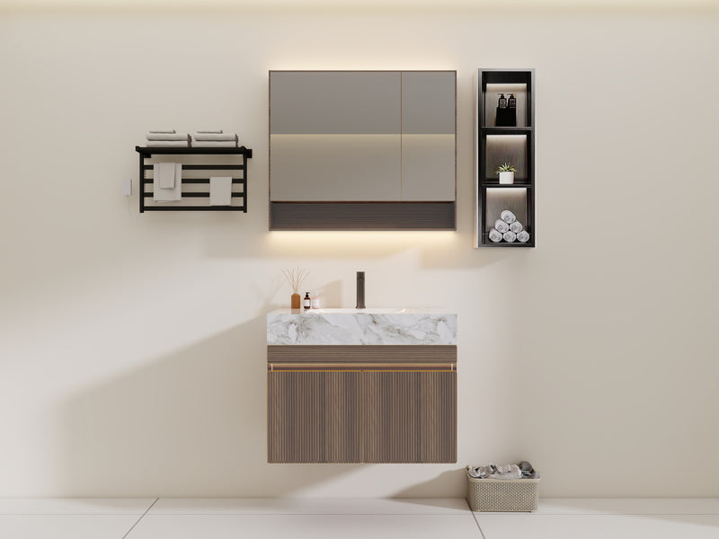 Linkaa - Dark Wood Dressing Table | Sintered Stone Platform Top | Motion Sensor Waterproof LED Light