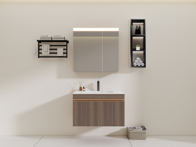 Linkaa - Dark Wood Dressing Table | Matte White Sintered Stone Countertop | Motion Sensor Waterproof LED Light