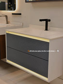 Linkaa- Grey wood Vanity | Matte White Sintered Stone Top | Motion-Sensor Waterproof LED
