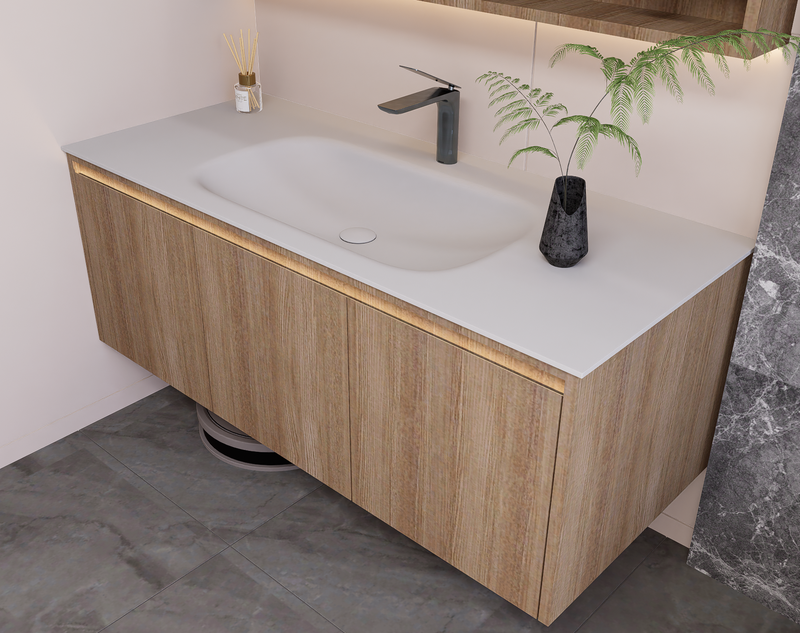 Linkaa- Solid Wood Vanity | Matte White Sintered Stone Top | Motion-Sensor Waterproof LED