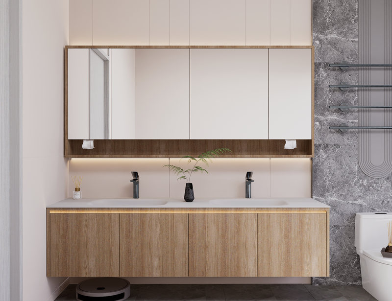 Linkaa- Solid Wood Vanity | Matte White Sintered Stone Top | Motion-Sensor Waterproof LED