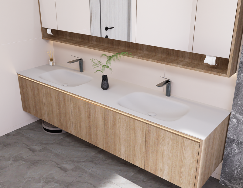 Linkaa- Solid Wood Vanity | Matte White Sintered Stone Top | Motion-Sensor Waterproof LED