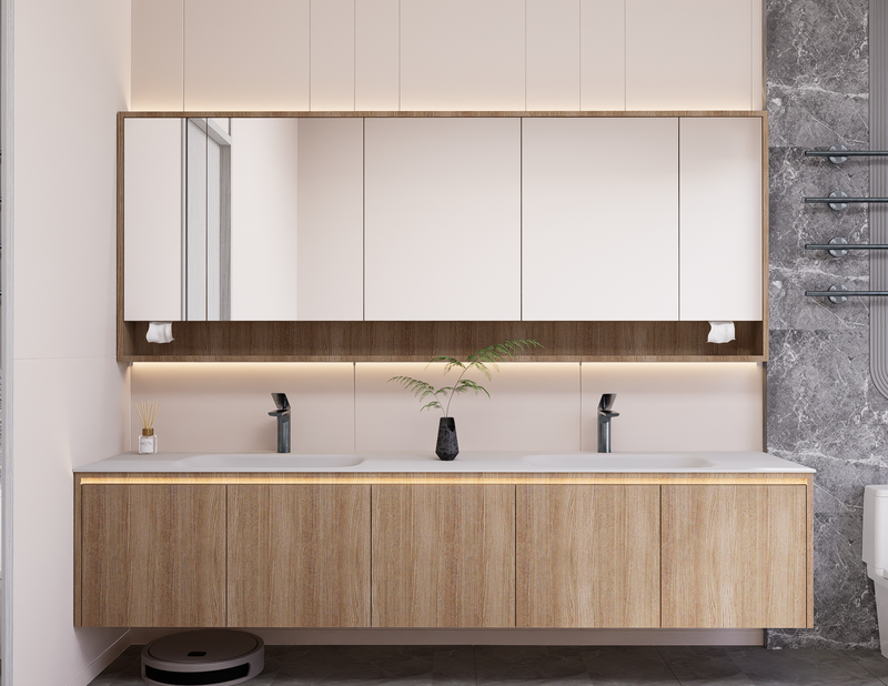 Linkaa- Solid Wood Vanity | Matte White Sintered Stone Top | Motion-Sensor Waterproof LED