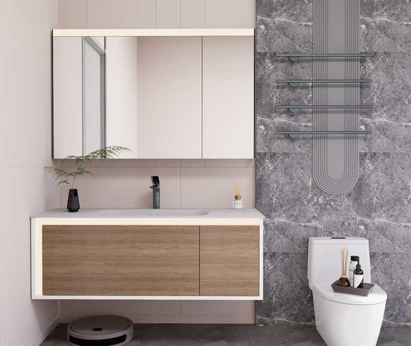 Linkaa- Dark wood Vanity | Matte White Sintered Stone Top | Motion-Sensor Waterproof LED