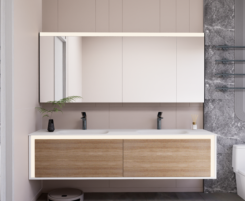 Linkaa- Dark wood Vanity | Matte White Sintered Stone Top | Motion-Sensor Waterproof LED |  Double Basin