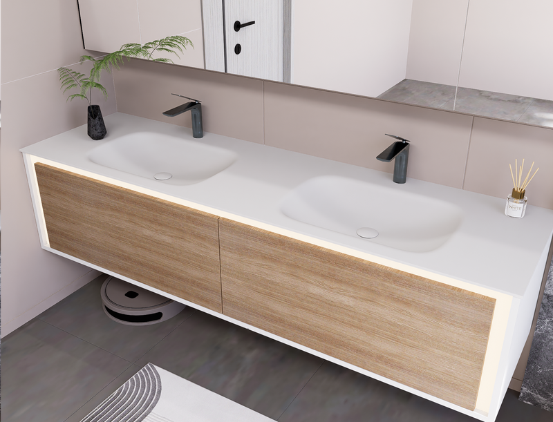 Linkaa- Dark wood Vanity | Matte White Sintered Stone Top | Motion-Sensor Waterproof LED |  Double Basin