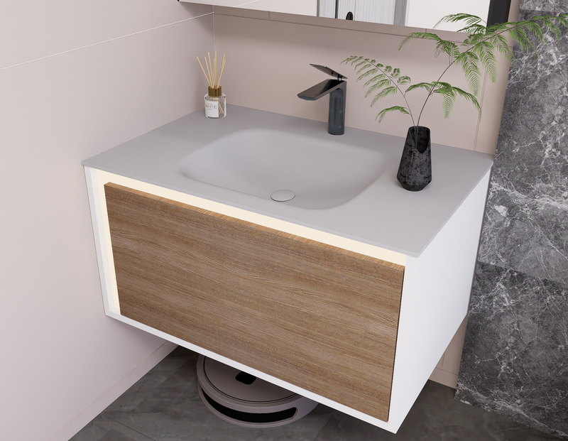 Linkaa- Dark wood Vanity | Matte White Sintered Stone Top | Motion-Sensor Waterproof LED