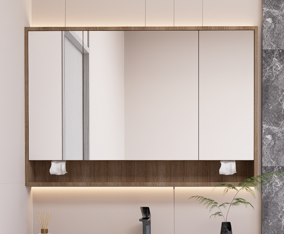 Linkaa - 48'' Premium solid wood mirror cabinet, wood color with LED