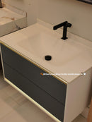 Linkaa- Grey wood Vanity | Matte White Sintered Stone Top | Motion-Sensor Waterproof LED
