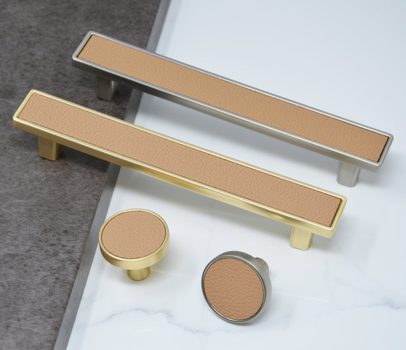 Cabinet Pulls Square Shape with Khaki Leather