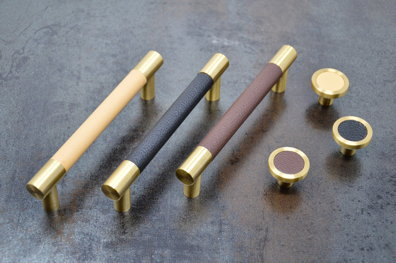 Cabinet Knobs Brushed Brass with Leather